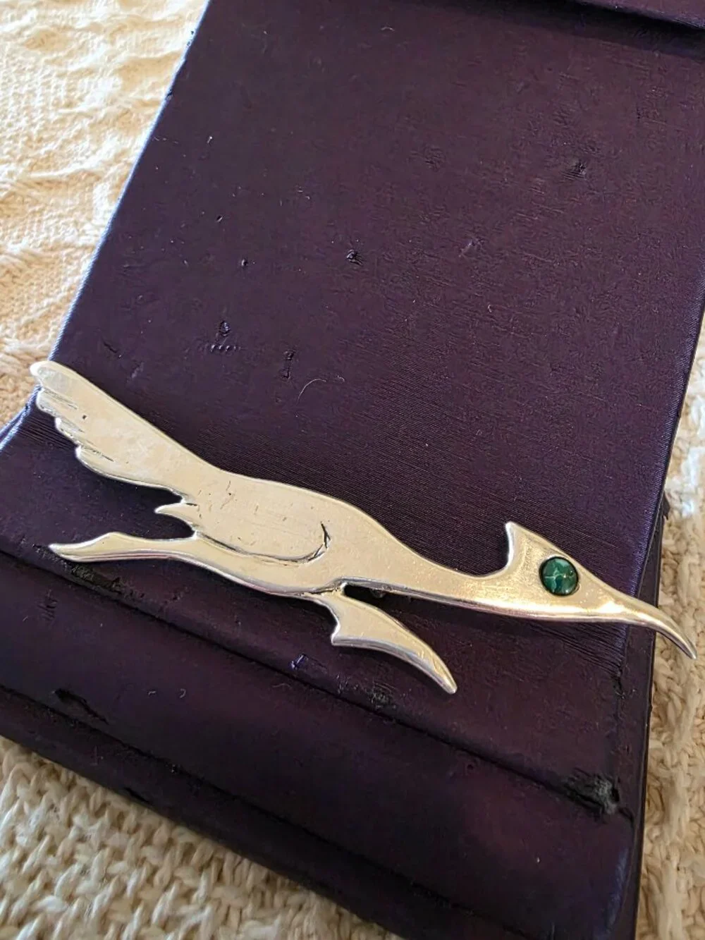 Vintage Handcrafted Sterling Silver ROADRUNNER Pin Gemstone Eye Accent
